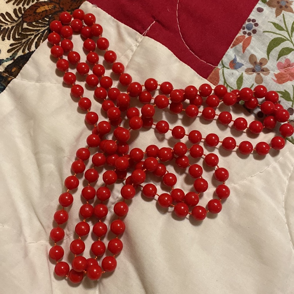 Long red plastic bead vintage necklace